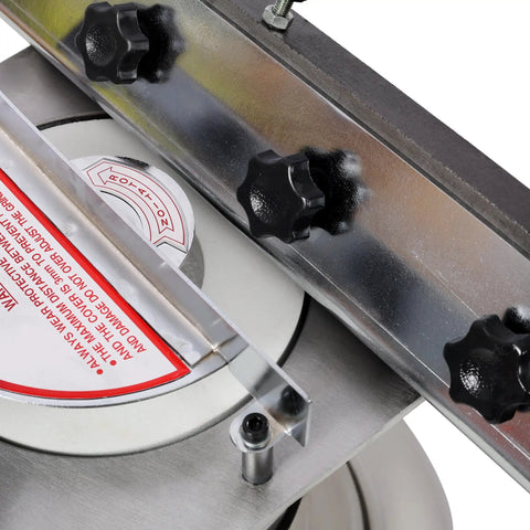 Close-up of adjustable angle gauge on 6 inch bench knife grinder with black knobs. Get Your Grind Game Strong As Ever With This Epic Bench Knife Grinder Boasting A Screaming 3450 Rpm Motor And Killer 6 Inch Wheel. Built Tough For Daily Shop Use. Features An Adjustable Angle Gauge So You Can Dial In Perfect Edges Without Losing It.