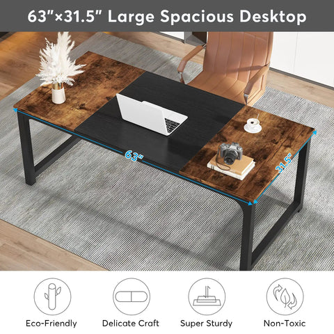Massive 63-Inch Wide Computer Desk With 31.5-Inch Depth featuring a dark wood finish, steel frame, set up in a modern home office.
