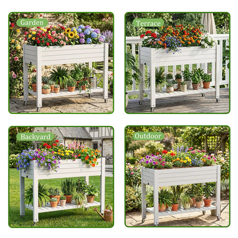 Raised Garden Bed On Wheels With Storage Shelf And Water Level Monitor in garden, terrace, backyard, outdoor settings