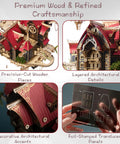 Epic 3D Wooden Puzzle Kit For Adults Steampunk Castle Model With LED Lights DIY Architectural Build For Display Decor And Gift Ideas 699 Pieces Great Gift For Puzzle Lovers, red wooden castle model with layered roof and translucent panels