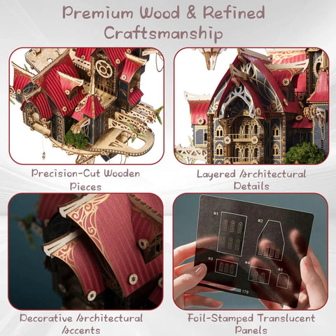Epic 3D Wooden Puzzle Kit For Adults Steampunk Castle Model With LED Lights DIY Architectural Build For Display Decor And Gift Ideas 699 Pieces Great Gift For Puzzle Lovers, red wooden castle model with layered roof and translucent panels