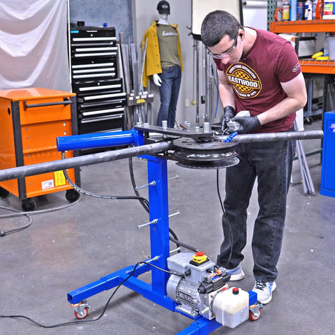 Heavy Duty Electro Hydraulic Pipe Tube Bender Forged For Rough Shop Jobs Handles Up To.120 Wall Aluminum Copper Steel Stainless Chromoly in use.