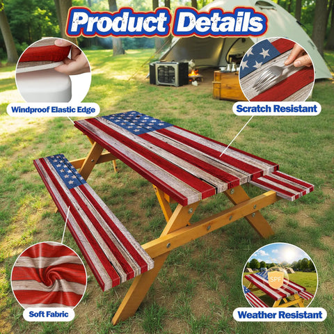 Picnic Table Cover With Bench Covers, American Flag Design, Waterproof And Windproof Fitted Tablecloth With Elastic Edges, 72 By 30 In, Includes Storage Bag For 72 By 12 In Benches, Tailgate Ready Outdoor Camping Gear on wooden picnic table