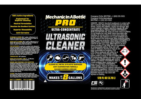 Badass Ultrasonic Cleaner And Degreaser Concentrate 128 Oz bottle label, makes eight gallons, for engine parts and carburetors.