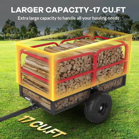 Heavy Duty ATV Utility Dump Trailer With 1700 Pound Capacity And 17 Cubic Feet, loaded with firewood on grass