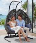 All Weather Two Person Egg Chair With Stand Cozy Oversized Wicker Hanging Loveseat Built Tough Steel Frame With Extra Thick Cushion Rain Cover Included Indoor Outdoor Patio Swing Chair Dark Grey
