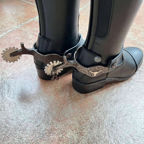 Western Cowboy Spurs With Straps Set For Men Hand Engraved German Silver Trims With Low Carbon Steel Spurs on boots