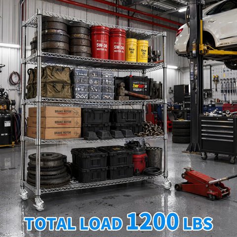 Top Notch Heavy Duty 4 Inch Swivel Caster Wheels With Side Brake Locks Expanding Stem Fits Pipe Legs Rock Solid Reinforced Steel Handles 1200 LB Load Pack Of Four For Heavy Furniture on a metal shelf loaded with tools and containers.
