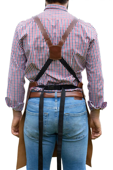 Back view of Leather Grill Master Apron With Cross Back Straps Heat Resistant Full Grain Leather For BBQ Woodworking Barber And Welding