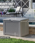 Gray Heavy Duty Resin Outdoor Storage Deck Box 74 Gallon Weatherproof on patio, labeled waterproof and UV-protected resin.