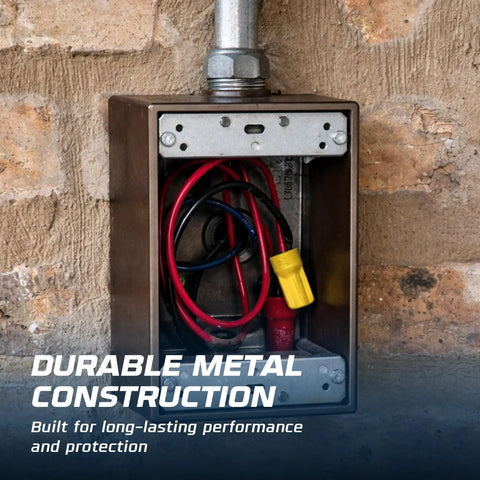 Weatherproof Outdoor Electrical Junction Box Kit, Die-Cast 1-Gang Box with Four 1/2-Inch Knockouts installed on brick wall