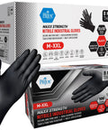 Heavy Duty Industrial Nitrile Work Gloves Eight Mil Thick Rock Solid Diamond Grip Textured Black Medium Pack Of One Thousand Tear Puncture Resistant shown with packaging and texture details.