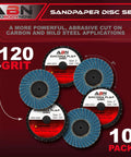 Image showing a 10-pack of Two Inch 120 Grit Zirconia Aluminum Oxide Sanding Discs Set, round flap sanding pads for metal and wood.