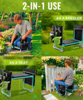 Wide 10 Inch Taller Garden Kneeler And Seat Folding Stool with two tool pouches and foam pads in garden setting