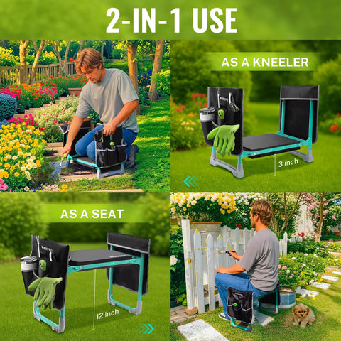 Wide 10 Inch Taller Garden Kneeler And Seat Folding Stool with two tool pouches and foam pads in garden setting