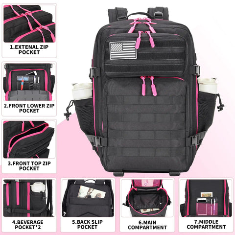 Front view of 45L Tactical Assault Backpack with MOLLE system, waterproof, black rose with external and front zip pockets, main compartment open.