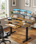 Huanuo Electric Standing Desk 55 Inch With 2 Drawers And Keyboard Tray Vintage Finish Smart Raising Lowering Ergonomic Computer Workstation Home Office Table With Monitor Shelf For Comfortable Posture in a home office setting.