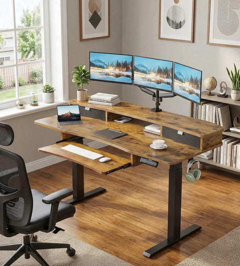 Huanuo Electric Standing Desk 55 Inch With 2 Drawers And Keyboard Tray Vintage Finish Smart Raising Lowering Ergonomic Computer Workstation Home Office Table With Monitor Shelf For Comfortable Posture in a home office setting.