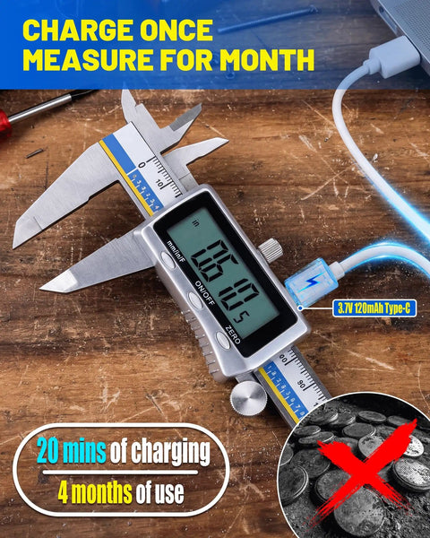 6 Inch Digital Caliper With USB C Charging Stainless Steel Measuring Tool with Large LCD Screen on wooden surface