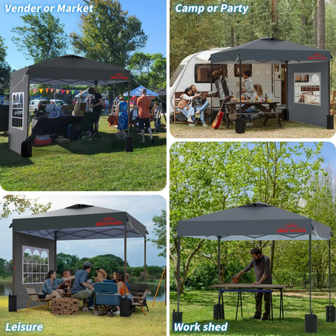 10x10 Pop Up Canopy With Sidewalls For Parties And Events in various settings, Easy Up Instant Setup, Heavy Duty Outdoor Tent, Grey
