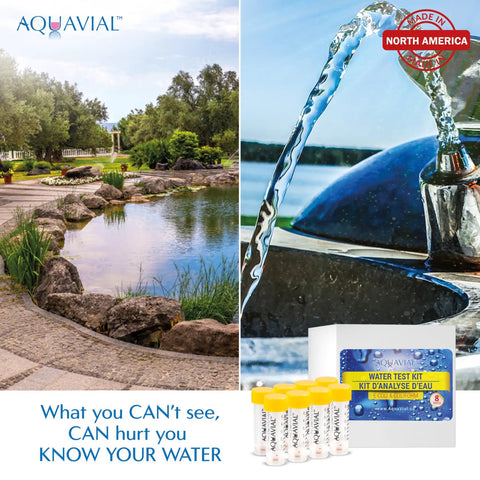 Get an A-Okay read on your well or tap water with this legit 8 pack water testing kit showing water testing bottles and tap.