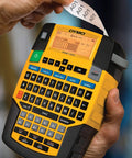 Person using Rhino 4200 Industrial Label Maker With Fast Printing One Touch Hot Keys Rugged Build For Tough Job Sites