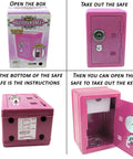 Pink Mini Locker Safe for Kids With Easy Combination Lock and Spare Key, showing packaging, closed and open views, with instructions.