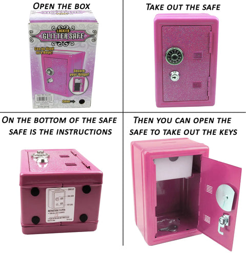 Pink Mini Locker Safe for Kids With Easy Combination Lock and Spare Key, showing packaging, closed and open views, with instructions.