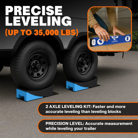 Complete Two Axle Travel Trailer Leveling And Stability Kit With Hitch Stand and stabilizer pads under trailer wheels for leveling.