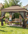 People enjoying a backyard party under a 12x12 Pop Up Gazebo Canopy Tent With Mosquito Netting, Easy Up Metal Frame, Waterproof Outdoor Shelter