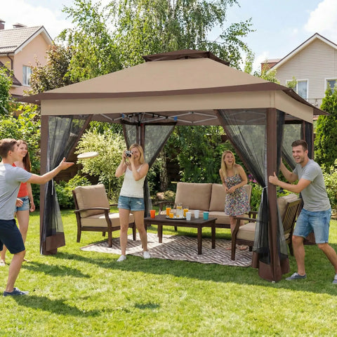People enjoying a backyard party under a 12x12 Pop Up Gazebo Canopy Tent With Mosquito Netting, Easy Up Metal Frame, Waterproof Outdoor Shelter