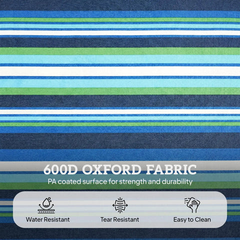 Blue stripe pattern of 600D Oxford fabric promoting durability, linked to Face Hole Tanning Chair With Side Table And Carry Straps.