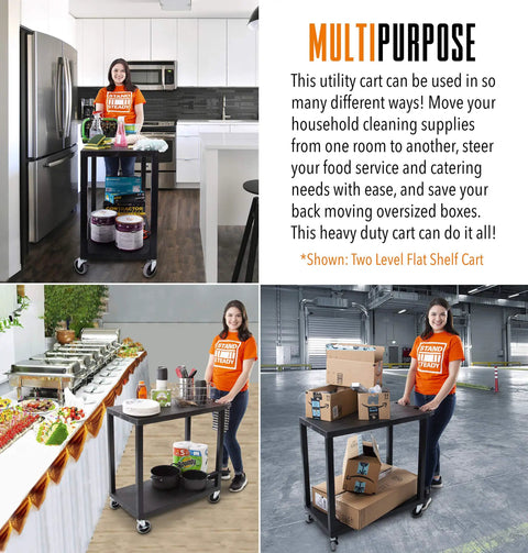 Three Shelf Flat Top Utility Cart That Handles Up To 300 Lbs Heavy Duty HDPE Shelves With Durable PVC Legs Smooth Rolling Wheels With Locking Feature A Workhorse For Office Warehouse Or Garage Storage And Easy Transport in kitchen and warehouse use