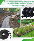 246 Ft No Dig Garden Edging Kit With 4 Inch Tall Landscape Border Rolls Includes 3 Rolls And 216 Anchoring Spikes Easy Install Straight Top Lawn Border For Yard Create Clean Neat Edges. Image shows black border rolls and garden installation.