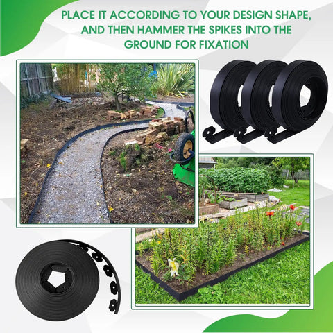 246 Ft No Dig Garden Edging Kit With 4 Inch Tall Landscape Border Rolls Includes 3 Rolls And 216 Anchoring Spikes Easy Install Straight Top Lawn Border For Yard Create Clean Neat Edges. Image shows black border rolls and garden installation.