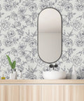 Black And White Vintage Floral Wallpaper Peel And Stick Roll 17.7 Inch Wide By 236 Inch Long For Walls Cabinets Bedroom Living Room Matte Vinyl Self Adhesive Peony Flower Decor with black peony design behind a bathroom vanity.
