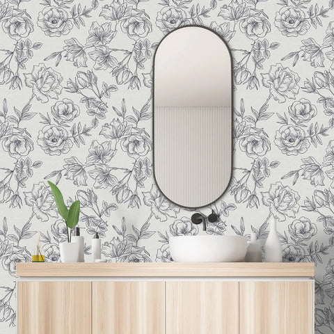 Black And White Vintage Floral Wallpaper Peel And Stick Roll 17.7 Inch Wide By 236 Inch Long For Walls Cabinets Bedroom Living Room Matte Vinyl Self Adhesive Peony Flower Decor with black peony design behind a bathroom vanity.