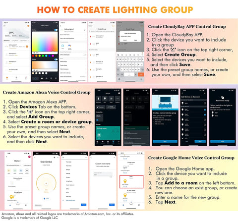 Instructions on how to create lighting group using CloudyBay, Alexa, and Google Home apps.