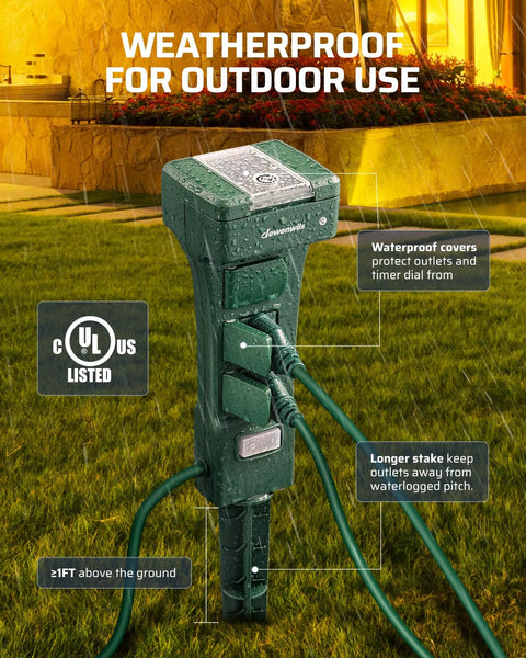 Rugged-as-Nails Outdoor Power Stake Timer with Six Heavy-Gauge Outlets, Wireless Remote Control, Dusk-To-Dawn Logic and Replay Schedule for Backyard Rigging, Patio Gear, and Holiday Vibes, 100Ft RF Signal showing waterproof design in rain.