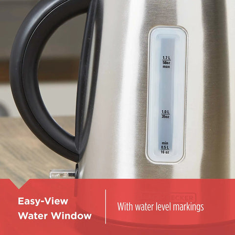 1.7L Cordless Electric Kettle In Sleek Silver With Automatic Shutoff And Boil Dry Protection No Fuss Easy Pour For Home Kitchen And Office Daily Use Anytime. Close-up of easy-view water window with level markings.