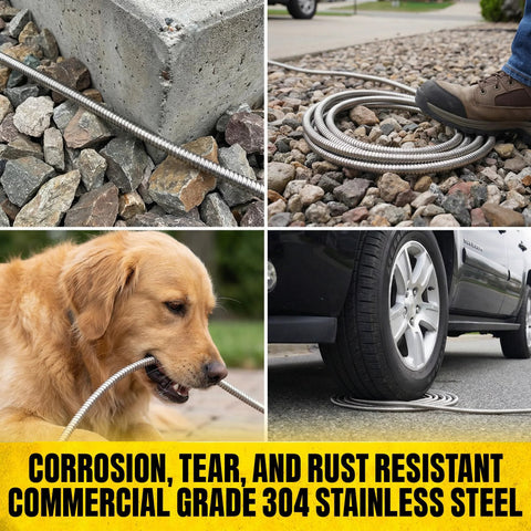 Stainless steel 50 ft garden hose with sprayer; collage shows coiled on rocks, near boot, dog chewing, and under car wheel