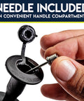 Close-up of hand inserting needle into pump for Kids Soccer Goal With Ball And Pump 24 By 16 Inch Easy Assemble Insta Set.
