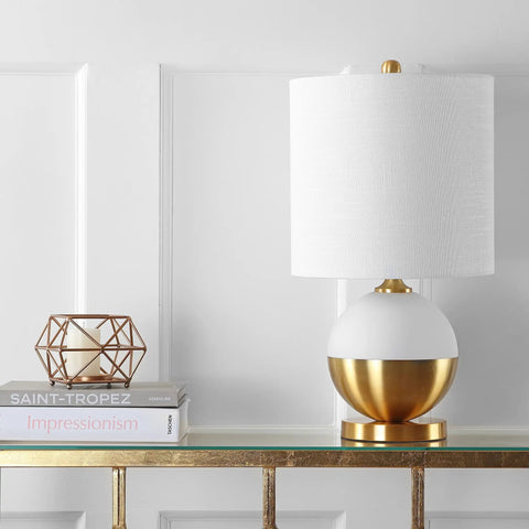 White And Brass Gold Ceramic Table Lamp With White Linen Drum Shade on modern glam console table.
