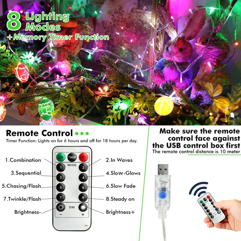 Pastel Easter String Lights 33ft With USB Powered 100 LED Indoor Fairy Lights Remote Control 8 Modes And Timer For Home Garden Decor, Perfect For Easter Parties, Easter Egg Hunts, Cozy Ambience