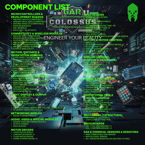 Component list for Ultimate Arduino Starter Kit With Five Main Boards And 100 Plus Parts for IoT and smart robot projects.