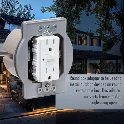 Plastic Round Box Adapter PRBA400G in gray for weatherproof nonmetallic round receptacle, adapting single-gang cover to round outlet.