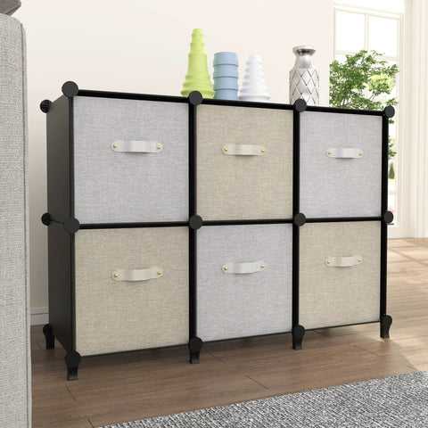 Smooth Setup Stackable Cube Storage Organizer Built For Quick Closet Upgrades And Smart Home Organization, 6 fabric bins in a black frame.