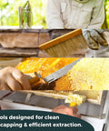 Beekeeping Starter Kit With Smoke Tool And Full Hive Essentials showing bee smoker, hive tools in use, and honey extraction.