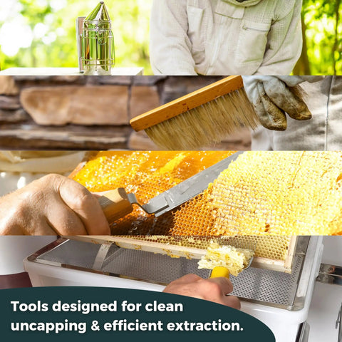 Beekeeping Starter Kit With Smoke Tool And Full Hive Essentials showing bee smoker, hive tools in use, and honey extraction.