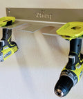 Cordless Drill Tool Organizer Wall Mount Rack For Garage Organization And Power Tool Storage Pegboard Friendly Drill Holder And Screwdriver Holder Easy Access Sturdy Wall Mounted Storage Solution with two drills installed.